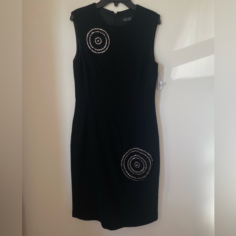 Rickie Freeman For Teri John Black Rhinestone Embellished Formal Midi Dress